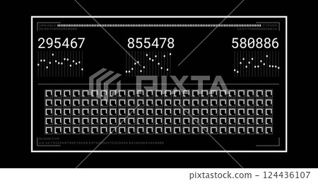 Numbers and binary data processing image over black background with white elements Numbers and binary data processing image over black background with white elements 124436107
