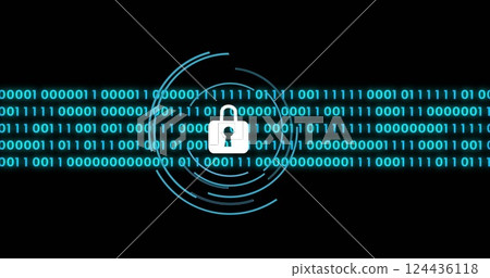 Image of data processing over padlock icon and scope scanning Image of data processing over padlock icon and scope scanning 124436118