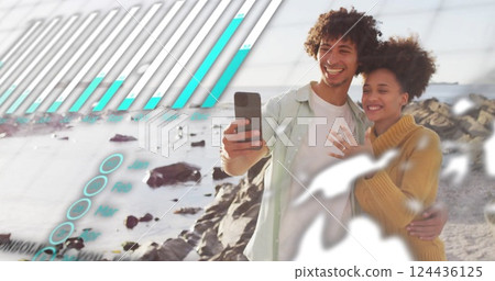 Image of data processing over african american couple using smartphone on beach Image of data processing over african american couple using smartphone on beach 124436125