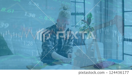Image of data processing over albino african american man using laptop Image of data processing over albino african american man using laptop 124436177