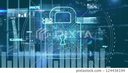 Image of padlock icon and data processing on black background 124436194
