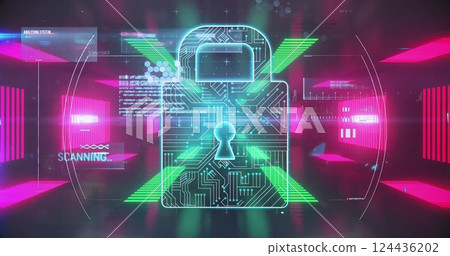 Image of padlock and digital data processing over neon stripes 124436202