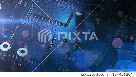 Image of light spots over computer circuit board Image of light spots over computer circuit board 124436204