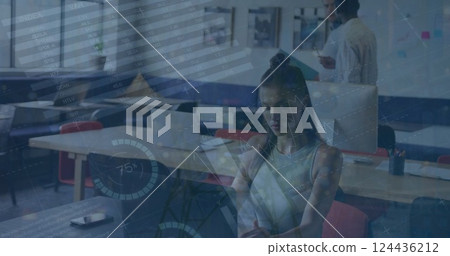 Image of financial data processing over diverse business people in office 124436212