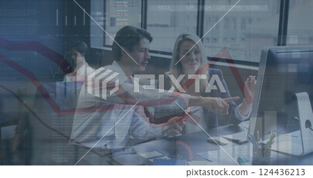Image of financial data processing over diverse business people in office Image of financial data processing over diverse business people in office 124436213