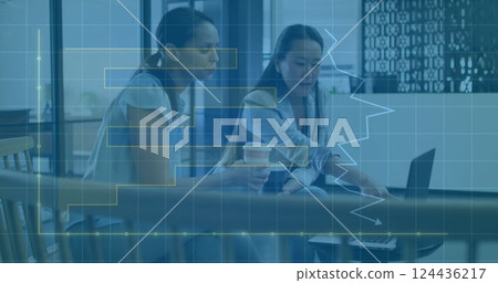 Image of financial data processing over diverse business people in office 124436217