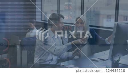 Image of financial data processing over diverse business people in office 124436218