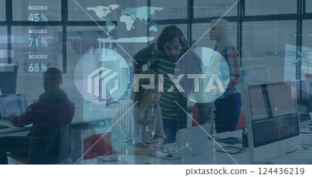 Image of financial data processing over diverse business people in office 124436219