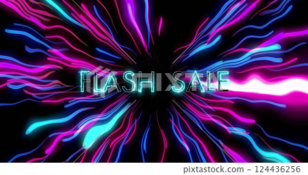 Image of flash sale text over neon pattern background 124436256