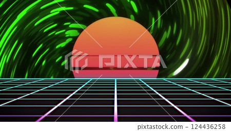 Image of neon pattern over light trails and sunset background 124436258