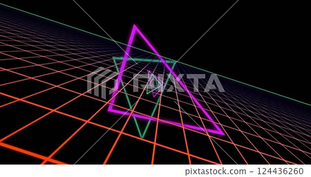 Image of neon pattern over light trails background Image of neon pattern over light trails background 124436260