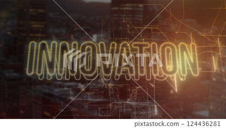 Image of innovation text and connections over cityscape 124436281