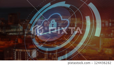 Image of cloud with padlock icon digital data processing over cityscape 124436282