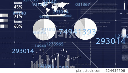 Image of statistics and financial data processing on dark background 124436306