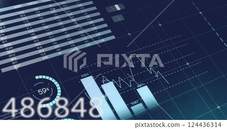 Image of statistics and financial data processing on dark background 124436314