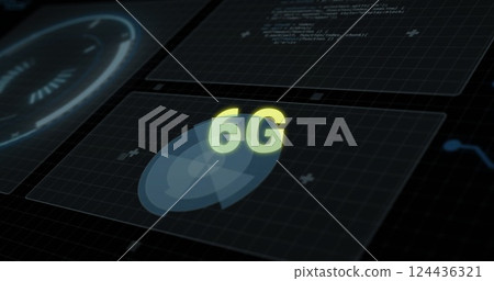 Image of 6g text over charts processing data on black interface Image of 6g text over charts processing data on black interface 124436321