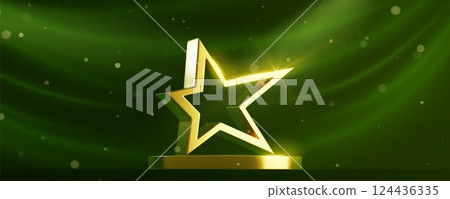 3d gold star award trophy on green wavy background 124436335