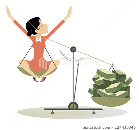 Businesswoman. Scales. Success. Money. Happy female person sitting on the scales with full of money. Business concept illustration Businesswoman. Scales. Success. Money. Happy female person sitting on the scales with full of money. Business concept illustration 124436346