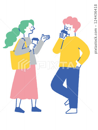 男人和女人一邊喝咖啡一邊聊天_顏色 124436418