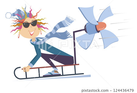 Sledding young female person.  Pretty young girl in warm clothes on sledge trying to slide faster using a big propeller. Isolated on white background 124436479