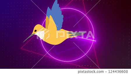 Image of bird icon over neon shapes moving on black background 124436608