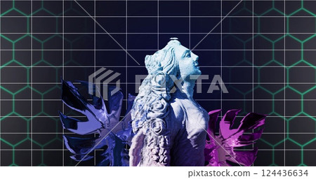 Image of interference over sculpture with tropical leaves and over lines on black background 124436634