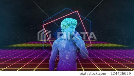 Image of interference over sculpture with shapes and lines on black background 124436639