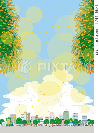 Illustration of a cityscape with cedar pollen flying around. Illustration of a cityscape with cedar pollen flying around. 124436681