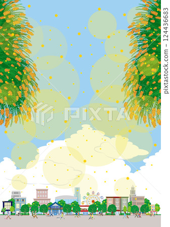 插圖為雪松花粉四處飛揚的城市景觀。 124436683