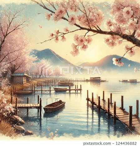 湖畔碼頭和櫻花盛開的山脈的春天風景 124436882
