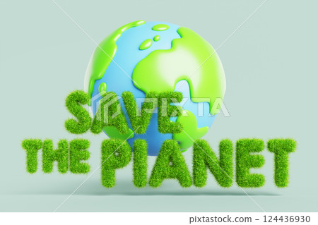 3d save the planet cartoon banner with earth globe and green grass letters texture. Environment protection, renewable energy, sustainable development, eco conservation render concept. 3D illustration 3d save the planet cartoon banner with earth globe and green grass letters texture. Environment protection, renewable energy, sustainable development, eco conservation render concept. 3D illustration 124436930