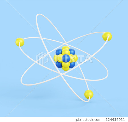3d atom structure of nucleus, electrons, protons and neutrons. Cartoon render icon of chemical formula, research in atomic physics, chemistry science. Matter model isolated on blue bg. 3D illustration 124436931