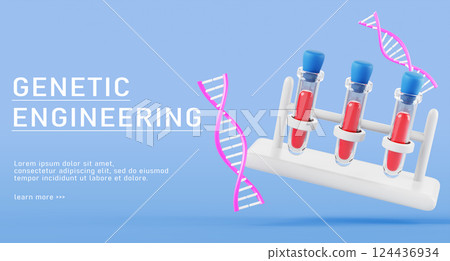 3d genetic engineering banner. Biotechnology scientific research, experiment and analysis. DNA molecule, test tube rack with blood. Molecular and cell biology, microbiology, virology. 3D illustration 124436934