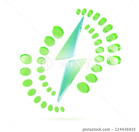 3d glass green electric charging symbol. Gradient transparent logo, lightning bolt with circle dot pattern render icon. Car or mobile battery power indicator, charger interface design. 3D illustration 3d glass green electric charging symbol. Gradient transparent logo, lightning bolt with circle dot pattern render icon. Car or mobile battery power indicator, charger interface design. 3D illustration 124436935