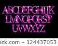 Vector chic banner Super Fast. Elegant Pink and Gold Font. Creative Alphabet Letters and Numbers 124437053