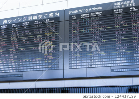 Large arrival information board in the arrival lobby of Terminal 1 at Narita Airport / Narita Airport, Japan 124437159