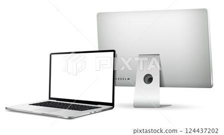 Computer display and laptop with blank screen on white background 124437202