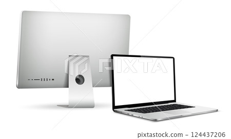 Rear view of computer monitor and laptop with blank screen Rear view of computer monitor and laptop with blank screen 124437206