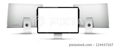 Realistic computer screen mockup. Computer display on four sides with blank screen. 124437207