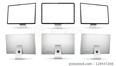 Realistic computer screen mockup. Computer display on three sides with blank screen. Front and back view of computer display. 124437208