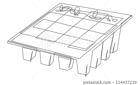 Seedlings growing in peat pots cassette continuous line drawing. Gardening season concept. Vector illustration. Seedlings growing in peat pots cassette continuous line drawing. Gardening season concept. Vector illustration. 124437230