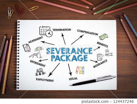 SEVERANCE PACKAGE Concept. Notebooks, pen and colored pencils on a wooden table 124437246