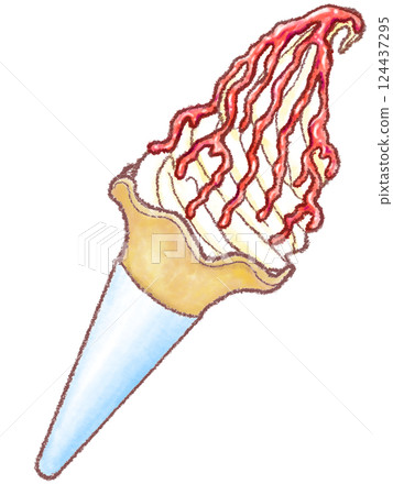 Soft serve ice cream_vanilla_strawberry syrup_flower cone 124437295