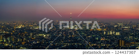 Aerial photography of Tokyo: A drone captures the evening view of Tokyo from above the Edogawa River Aerial photography of Tokyo: A drone captures the evening view of Tokyo from above the Edogawa River 124437307