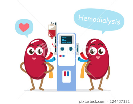 Kidney and hemodialysis machine . Cute medical cartoon character . Isolated white background . Vector . Kidney and hemodialysis machine . Cute medical cartoon character . Isolated white background . Vector . 124437321
