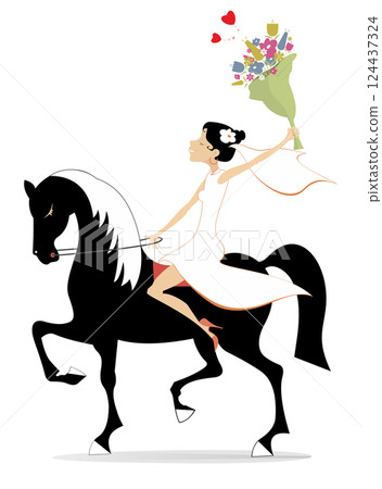 Bride with a bunch of flowers rides a horse.  Pretty bride in the white dress and wedding veil with a bunch of flowers riding horse. Isolated on white background 124437324
