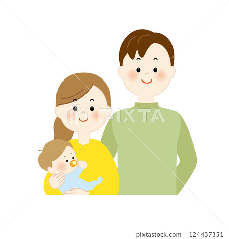 一對年輕夫婦抱著一個嬰兒，上半身 124437351