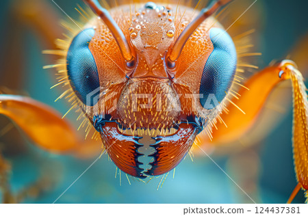 Close up of a yellow ant with blue eyes. 124437381