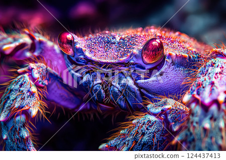 Crab with red eyes is shown in a purple and blue color scheme 124437413