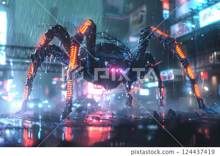 Spider robot is walking on a wet street in a city Spider robot is walking on a wet street in a city 124437419